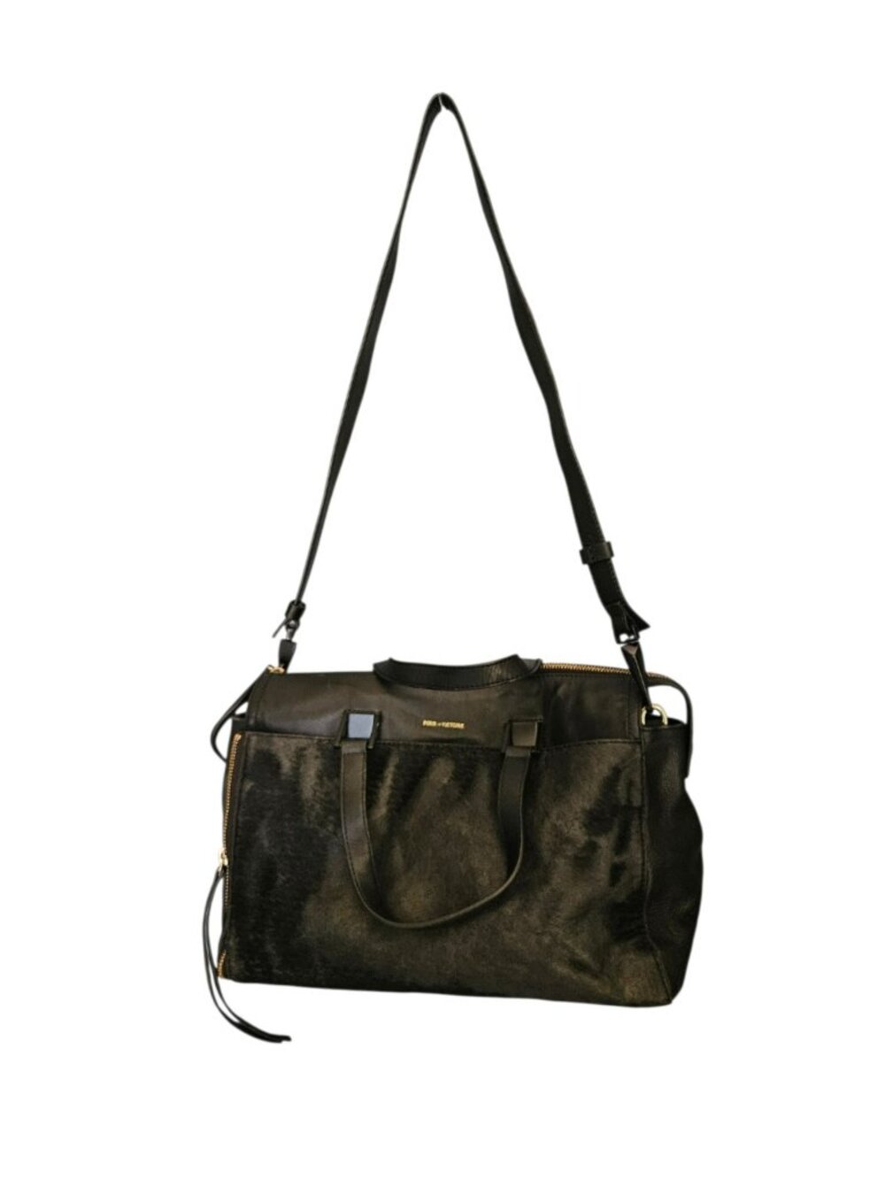 Pour La Victoire Black Leather Haircalf Satchel Shoulder Bag Detachable Strap